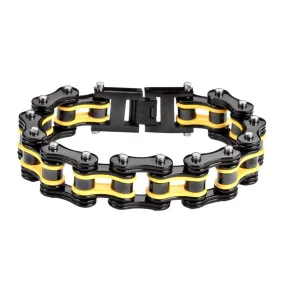 Two Tone Black Yellow 3/4" Wide Double Link DesignUnisex Stainless Steel Motorcycle Chain Bracelet