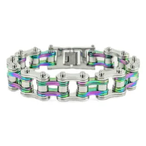 Two Tone Silver Rainbow 3/4" Wide Double Link Design Stainless Steel Motorcycle Chain Bracelet