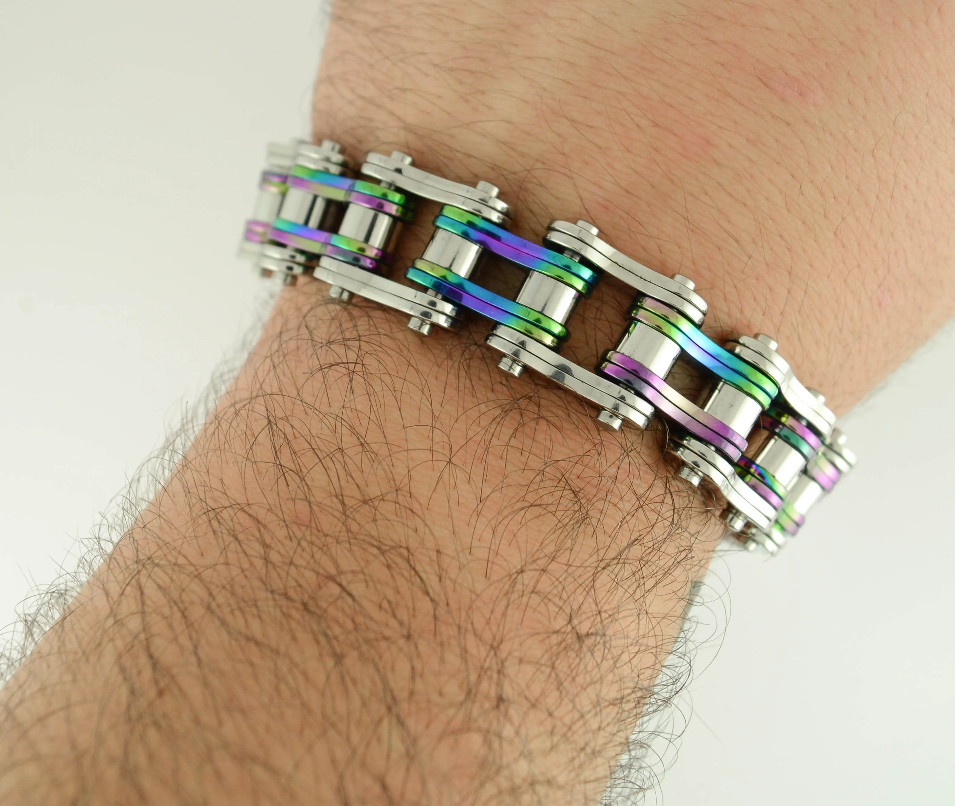 Two Tone Silver Rainbow 3/4" Wide Double Link Design Stainless Steel Motorcycle Chain Bracelet