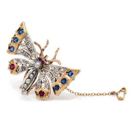 Victorian Gold and Silver Butterfly Brooch Set with Pearls, Diamonds, Sapphires, Garnets and Rubies