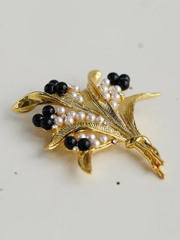 Vintage Pastoral Wheat Ear Black Oynx Pearl Brooch