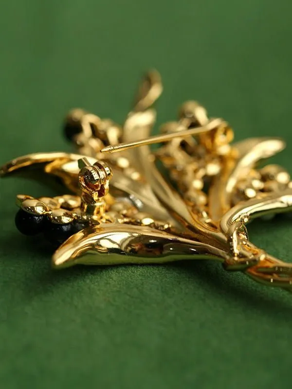 Vintage Pastoral Wheat Ear Black Oynx Pearl Brooch