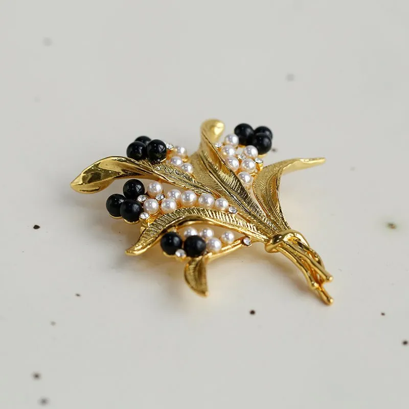 Vintage Pastoral Wheat Ear Black Oynx Pearl Brooch