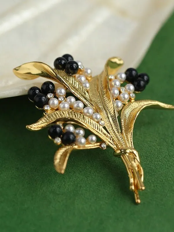 Vintage Pastoral Wheat Ear Black Oynx Pearl Brooch