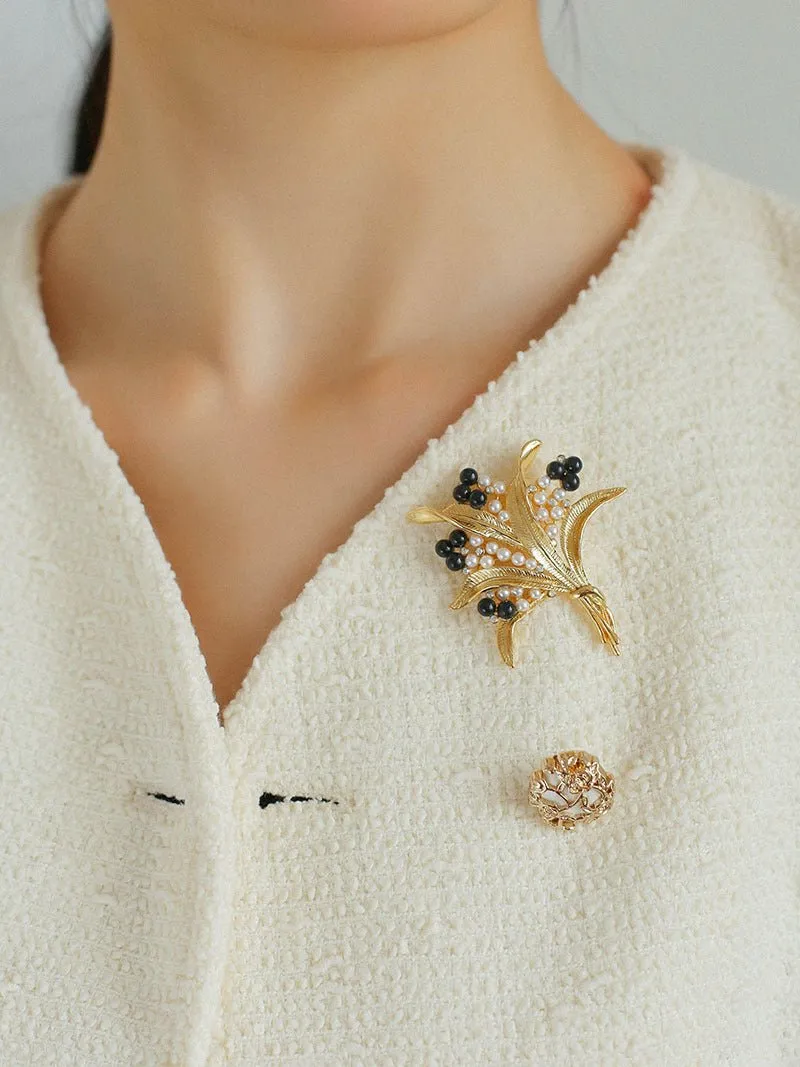 Vintage Pastoral Wheat Ear Black Oynx Pearl Brooch