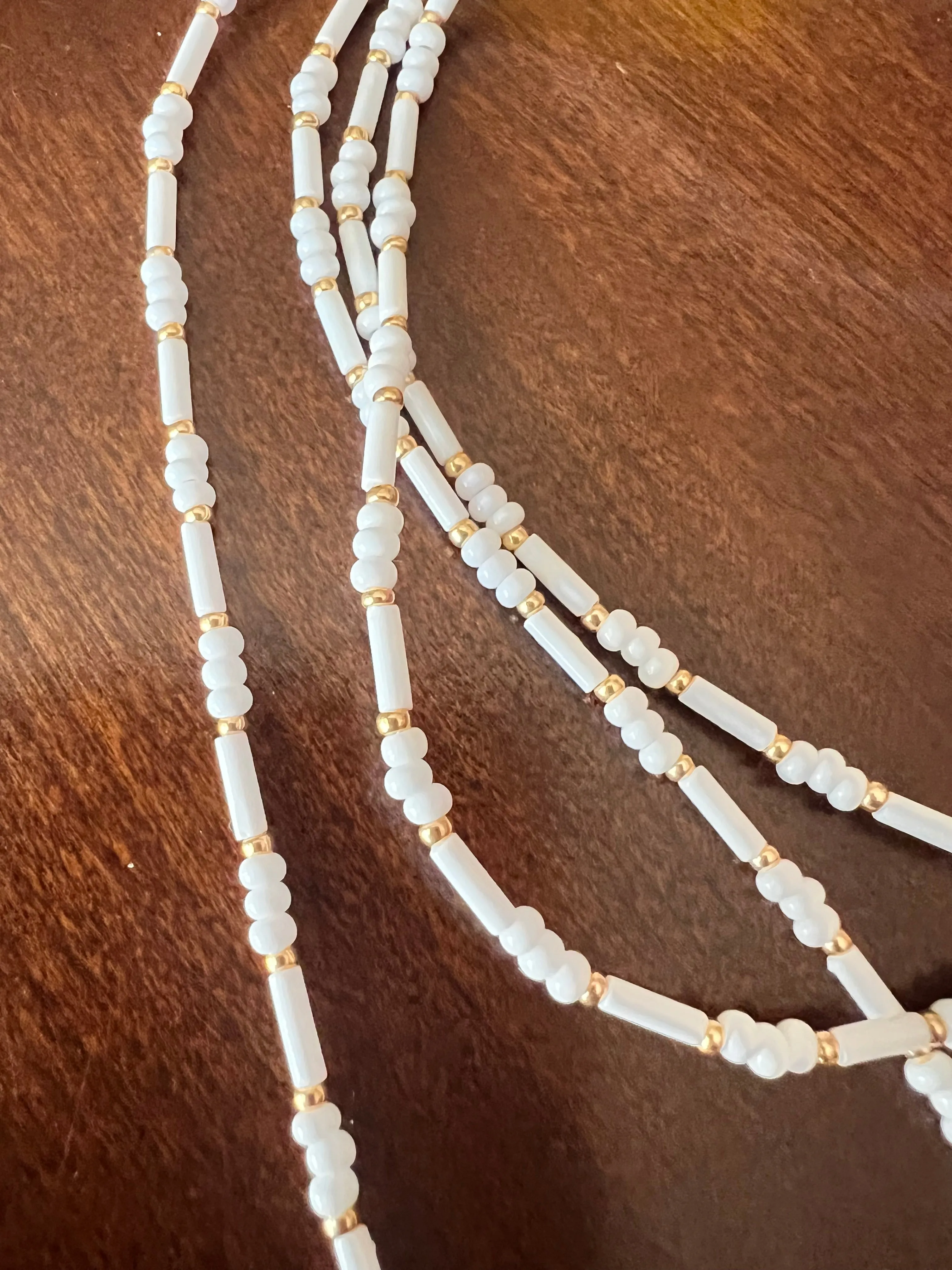 White and Gold Seed Bead Necklace with 2" Tassel