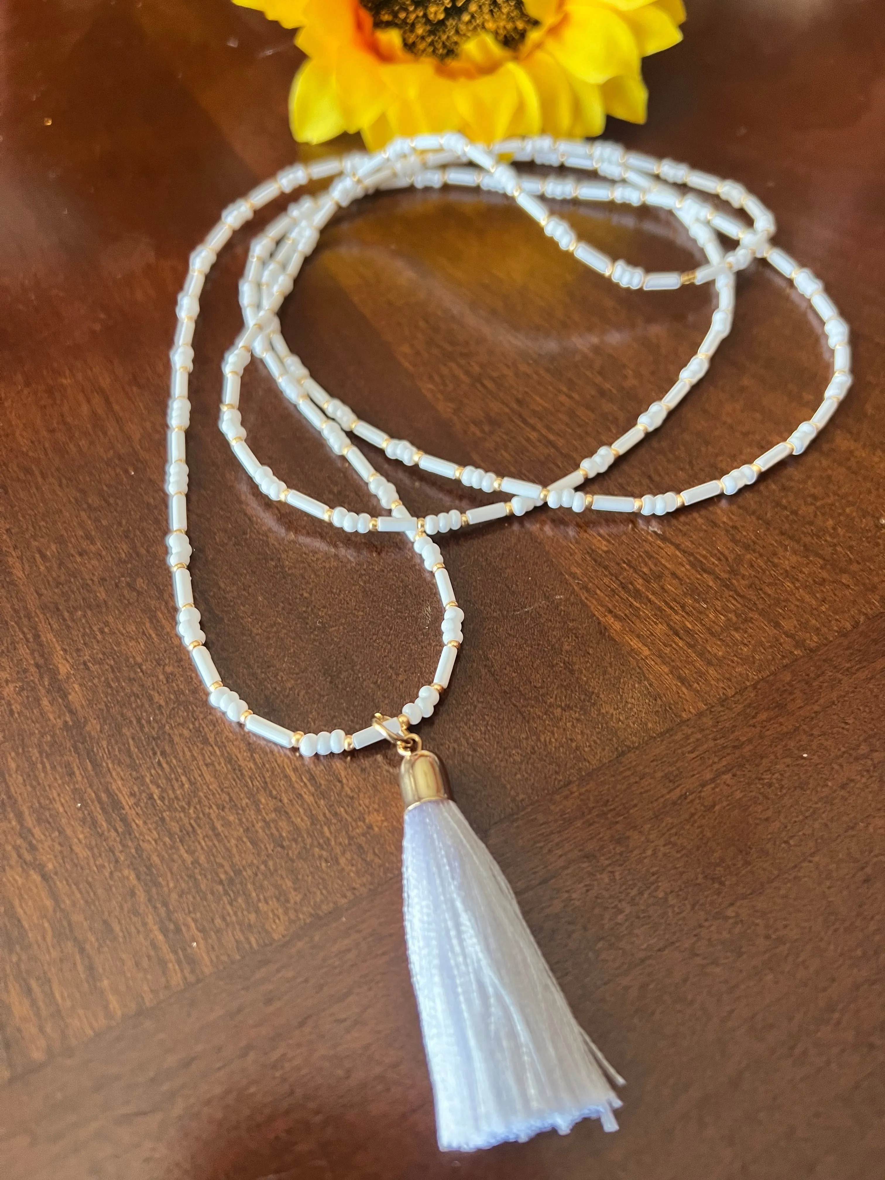 White and Gold Seed Bead Necklace with 2" Tassel