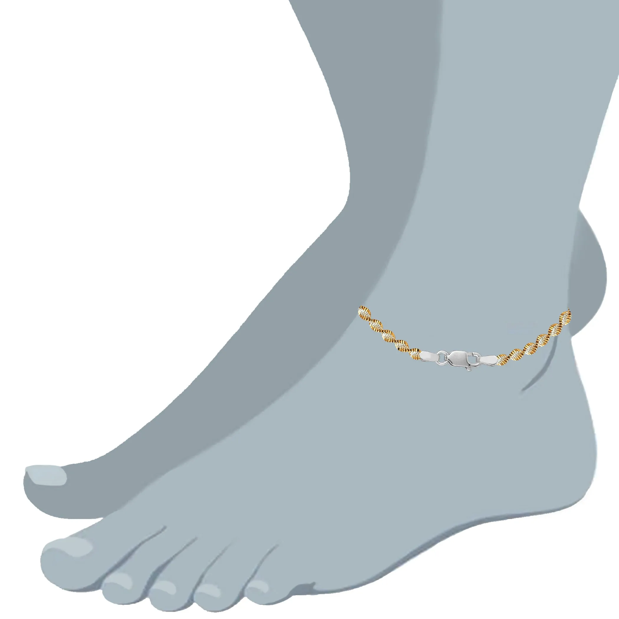 White And Yellow Singapore Style Chain Anklet In Sterling Silver