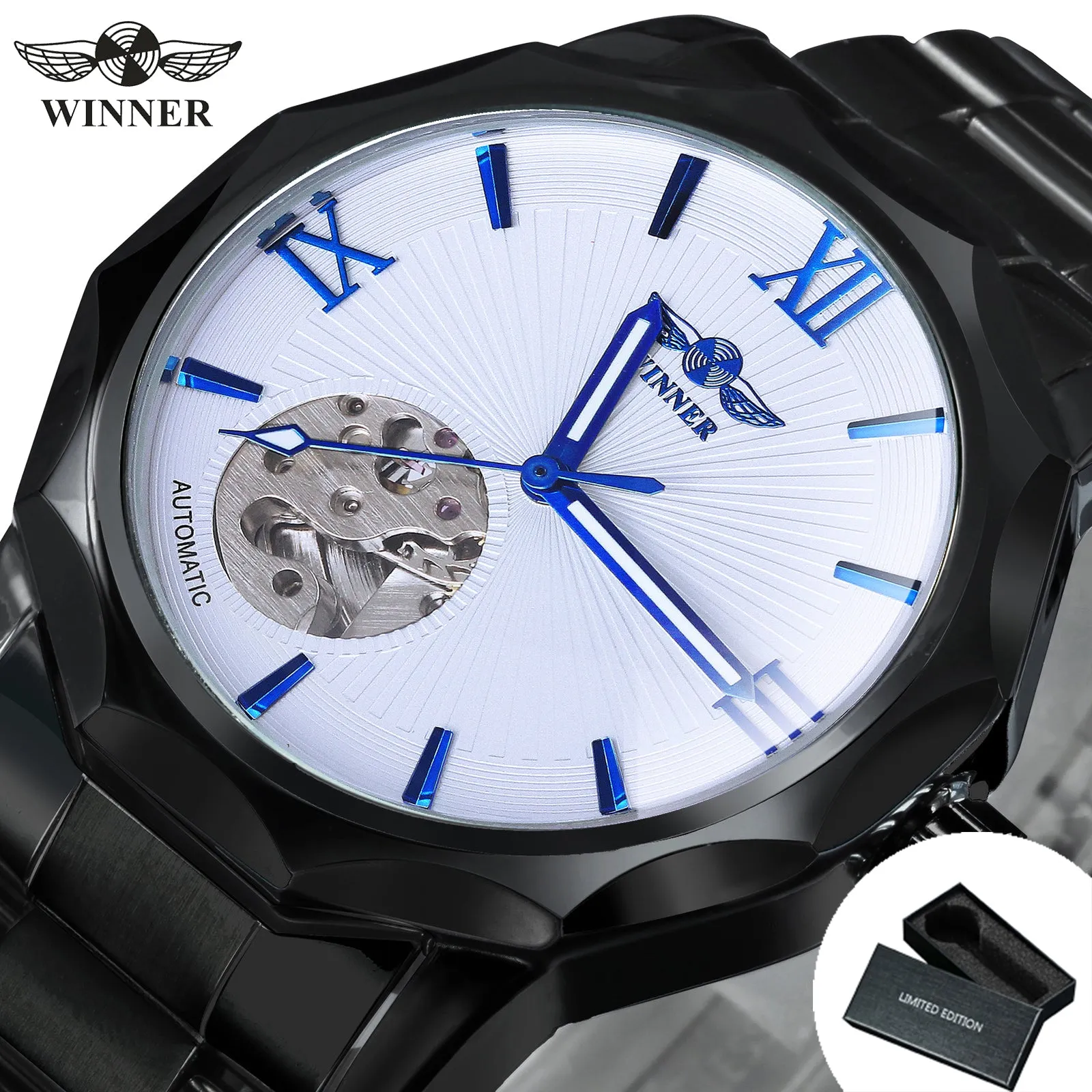 WINNER Black Irregular Skeleton Business Automatic Mechanical Mens Watches Luminous Hands 312G