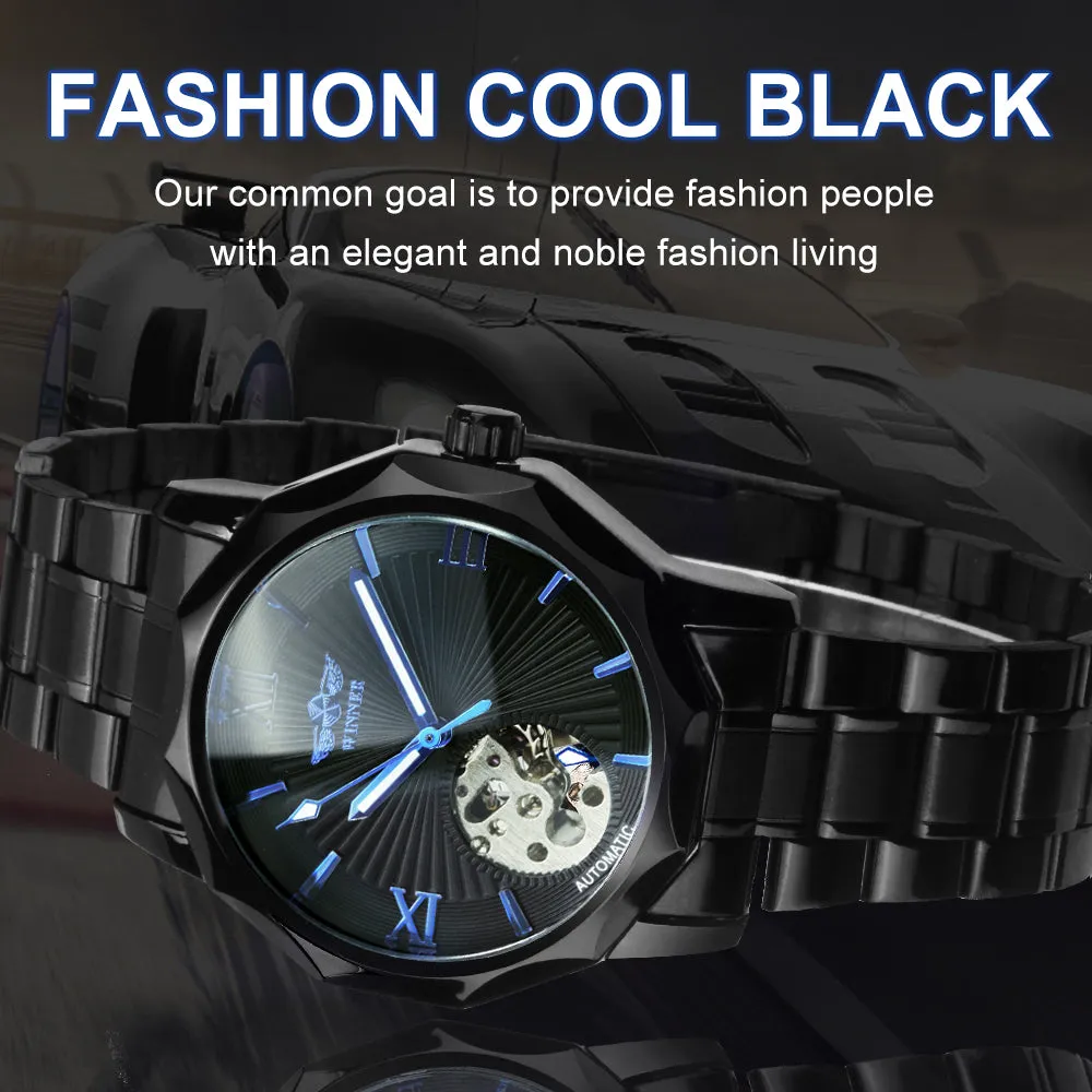 WINNER Black Irregular Skeleton Business Automatic Mechanical Mens Watches Luminous Hands 312G