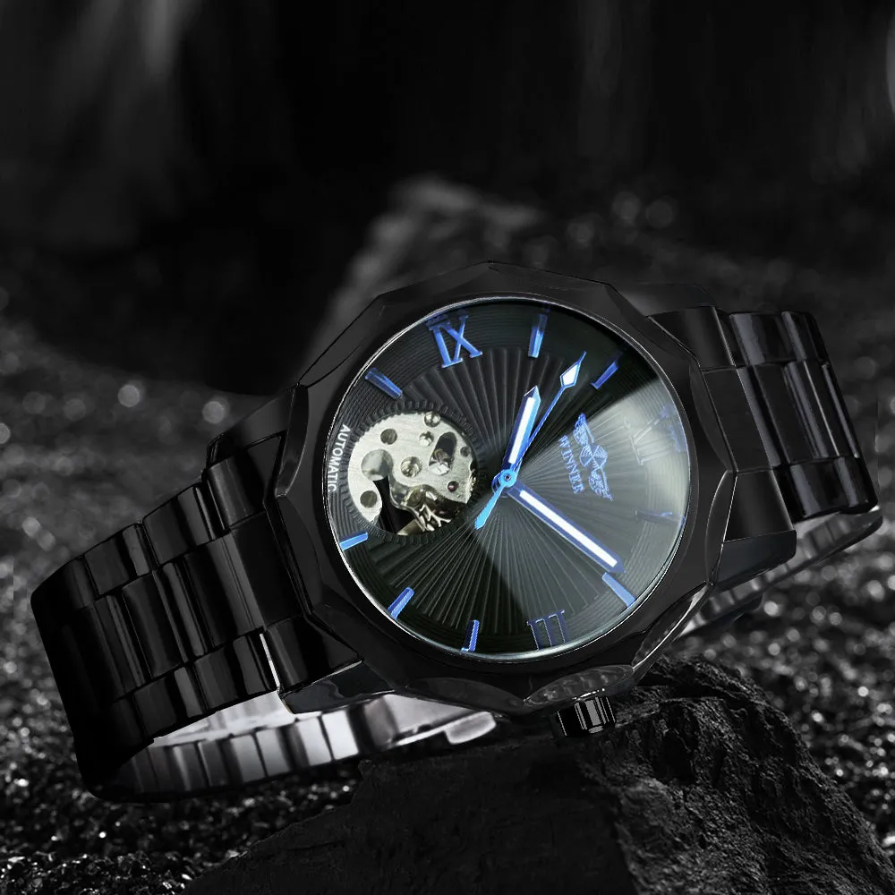 WINNER Black Irregular Skeleton Business Automatic Mechanical Mens Watches Luminous Hands 312G