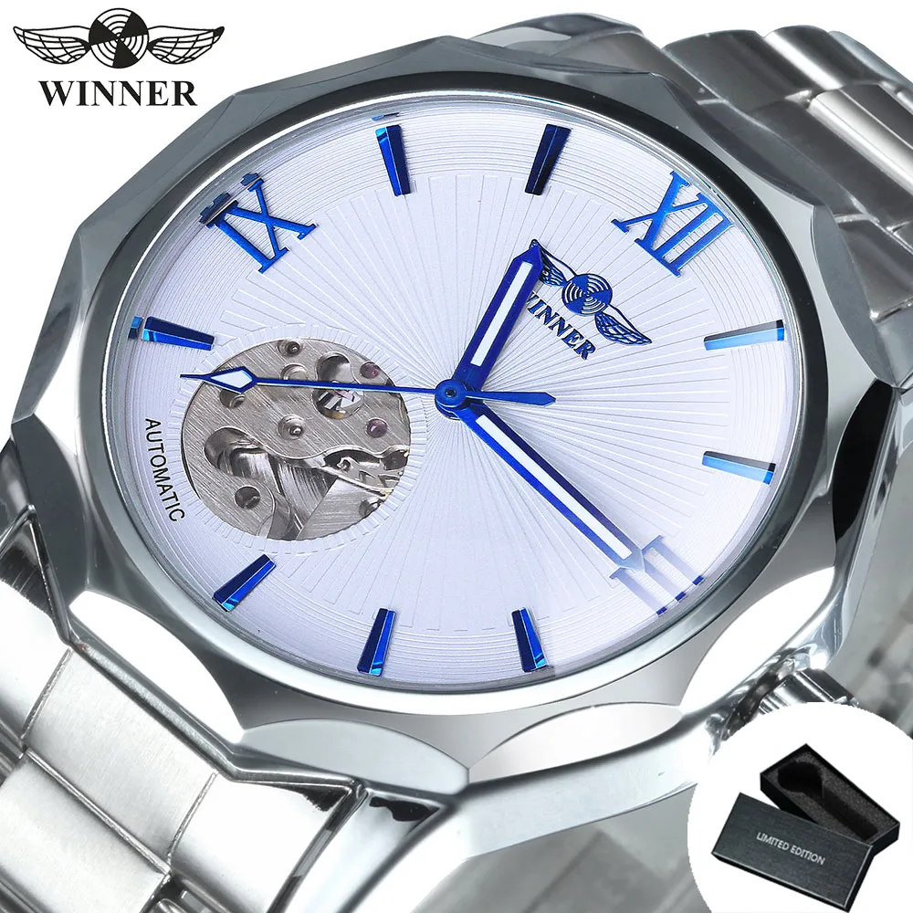 WINNER Black Irregular Skeleton Business Automatic Mechanical Mens Watches Luminous Hands 312G