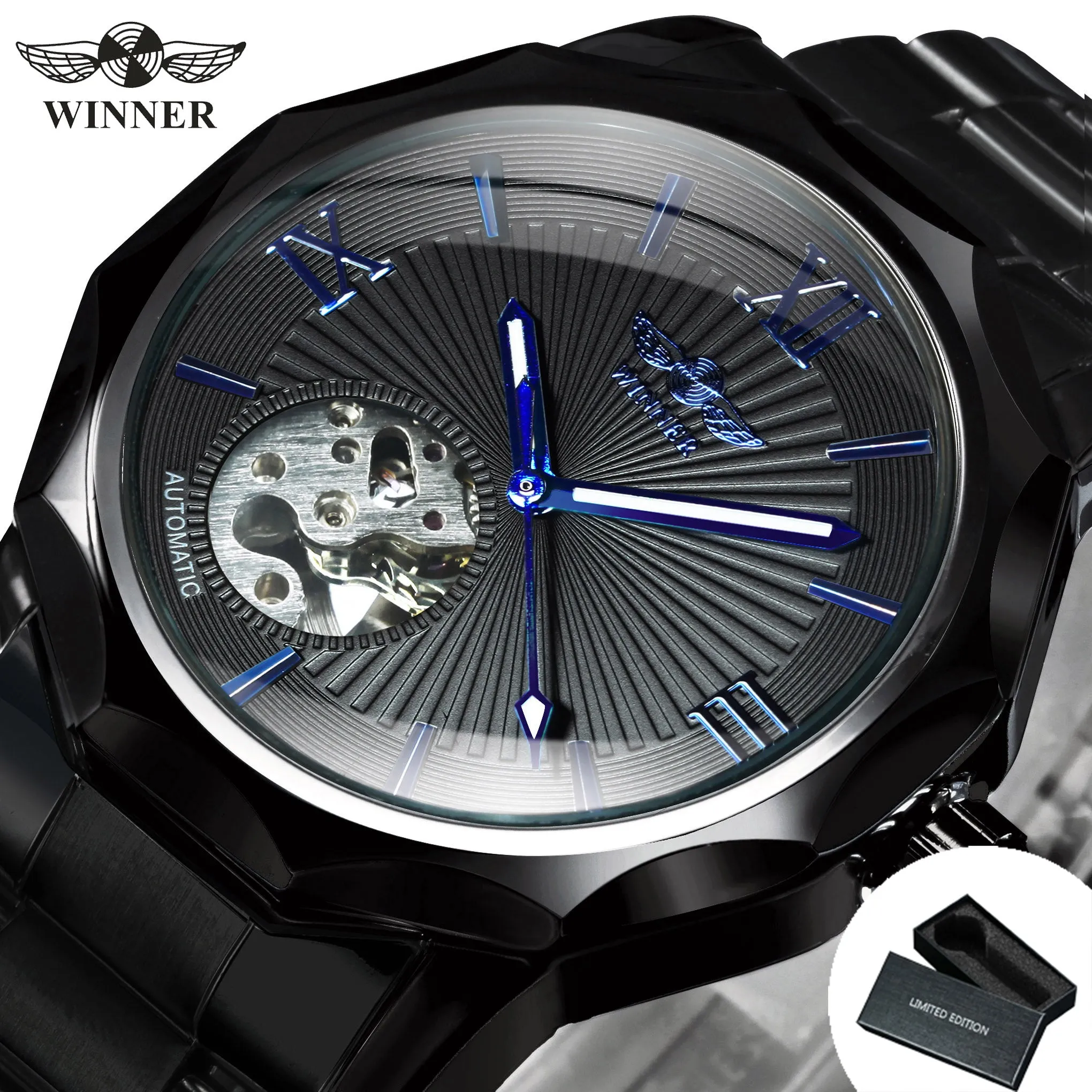 WINNER Black Irregular Skeleton Business Automatic Mechanical Mens Watches Luminous Hands 312G