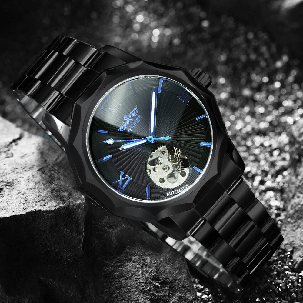 WINNER Black Irregular Skeleton Business Automatic Mechanical Mens Watches Luminous Hands 312G