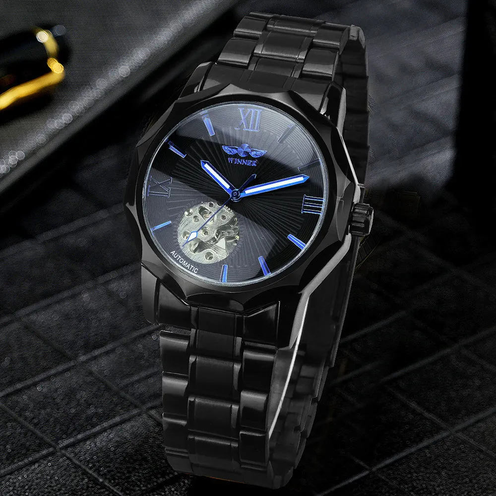 WINNER Black Irregular Skeleton Business Automatic Mechanical Mens Watches Luminous Hands 312G