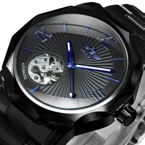 WINNER Black Irregular Skeleton Business Automatic Mechanical Mens Watches Luminous Hands 312G