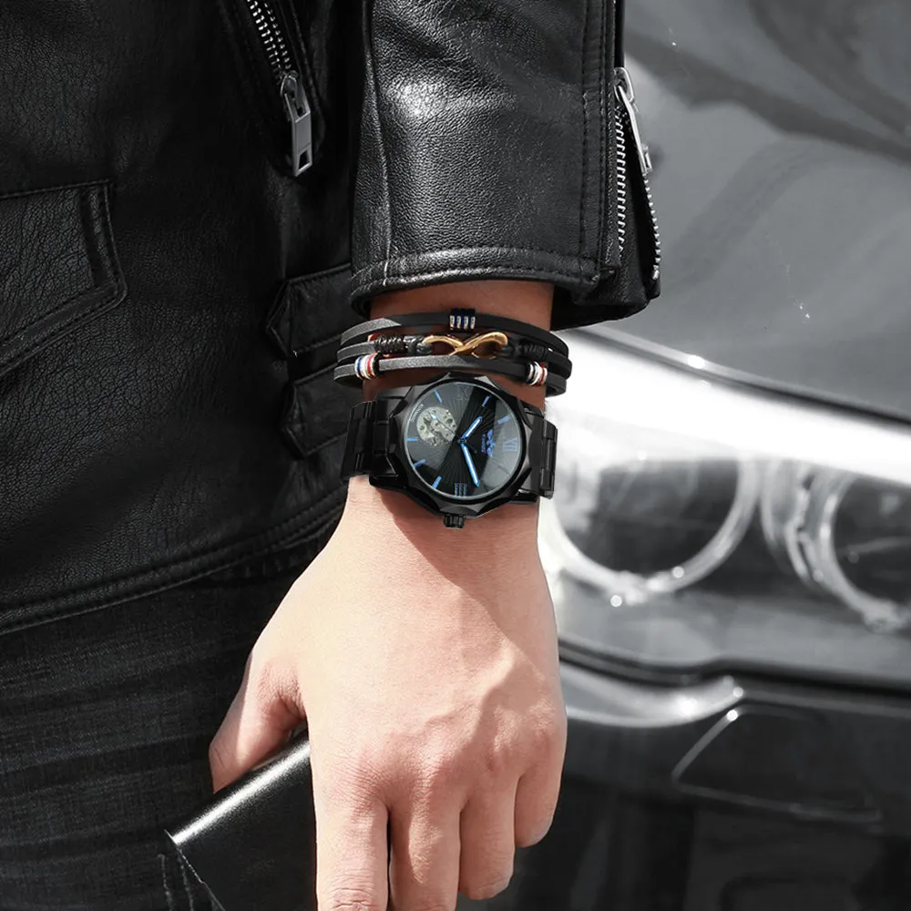 WINNER Black Irregular Skeleton Business Automatic Mechanical Mens Watches Luminous Hands 312G