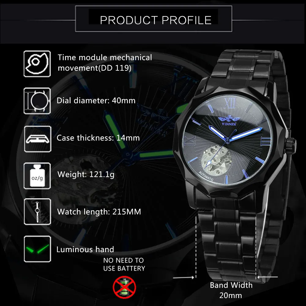WINNER Black Irregular Skeleton Business Automatic Mechanical Mens Watches Luminous Hands 312G