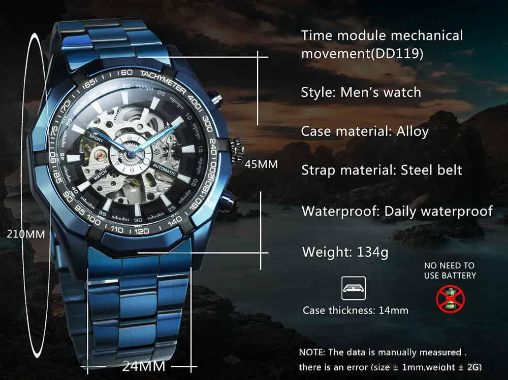 WINNER Fashion Blue Automatic Mechanical Skeleton Mens Watch Stainless Steel Strap 188