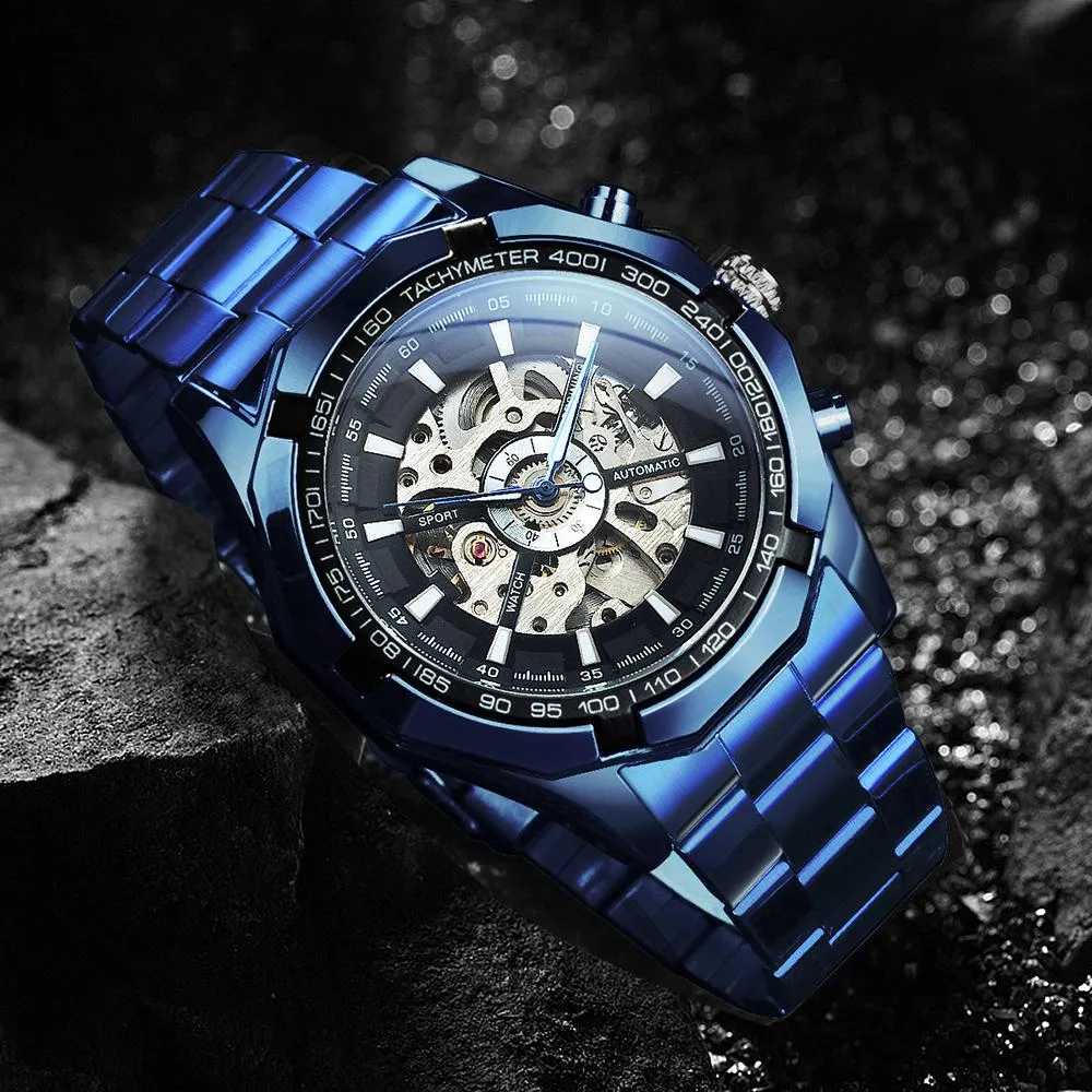 WINNER Fashion Blue Automatic Mechanical Skeleton Mens Watch Stainless Steel Strap 188
