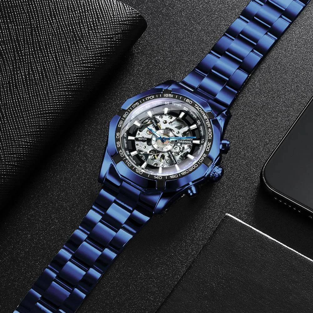 WINNER Fashion Blue Automatic Mechanical Skeleton Mens Watch Stainless Steel Strap 188
