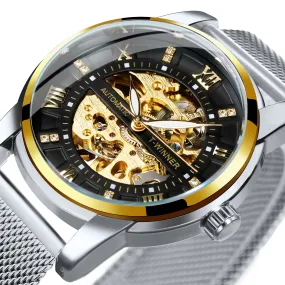 WINNER Luxury Gold Skeleton Automatic Mechanical Watch TM349 Fashion Diamond Luminous Hands Mesh Stainless Steel Strap Classic Mens Watches