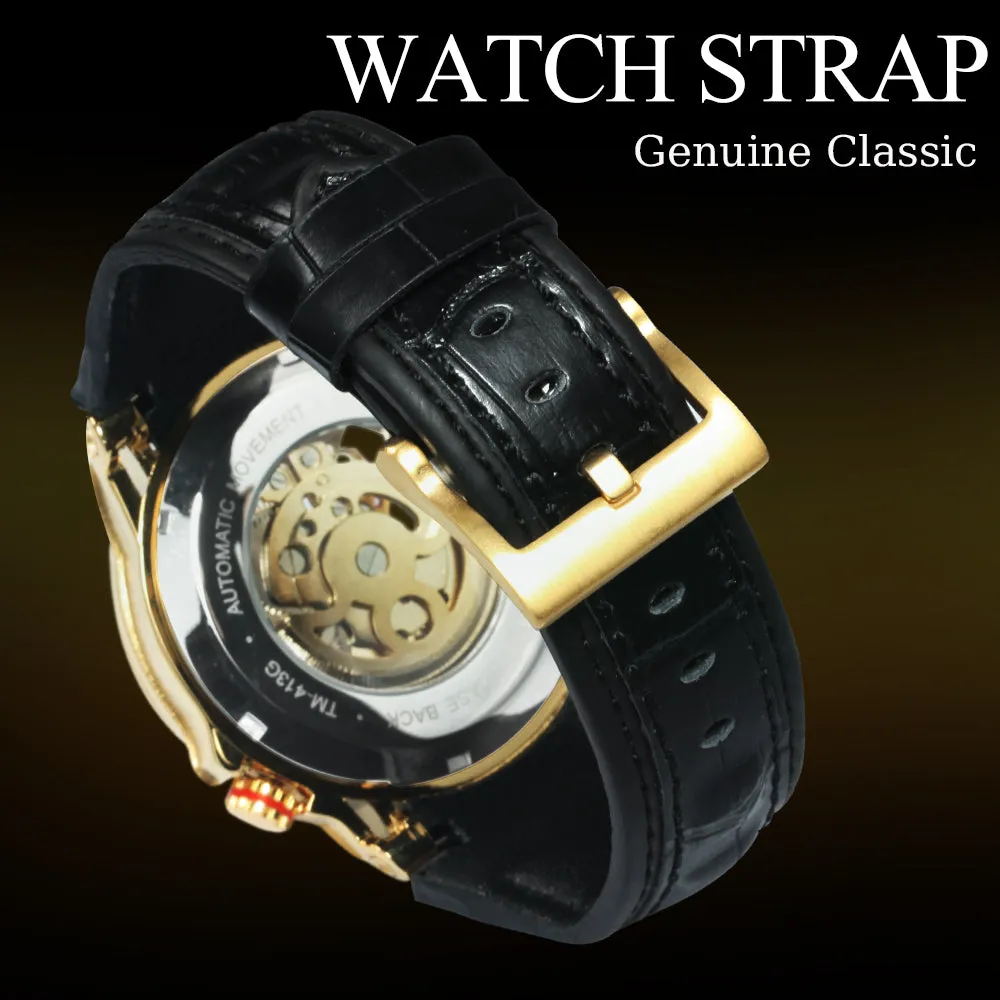 WINNER Sports Tourbillon Gold Skeleton Automatic Mechanical Watch TM 413G Military Watches for Men Rubber Leather Strap Luminous Hands
