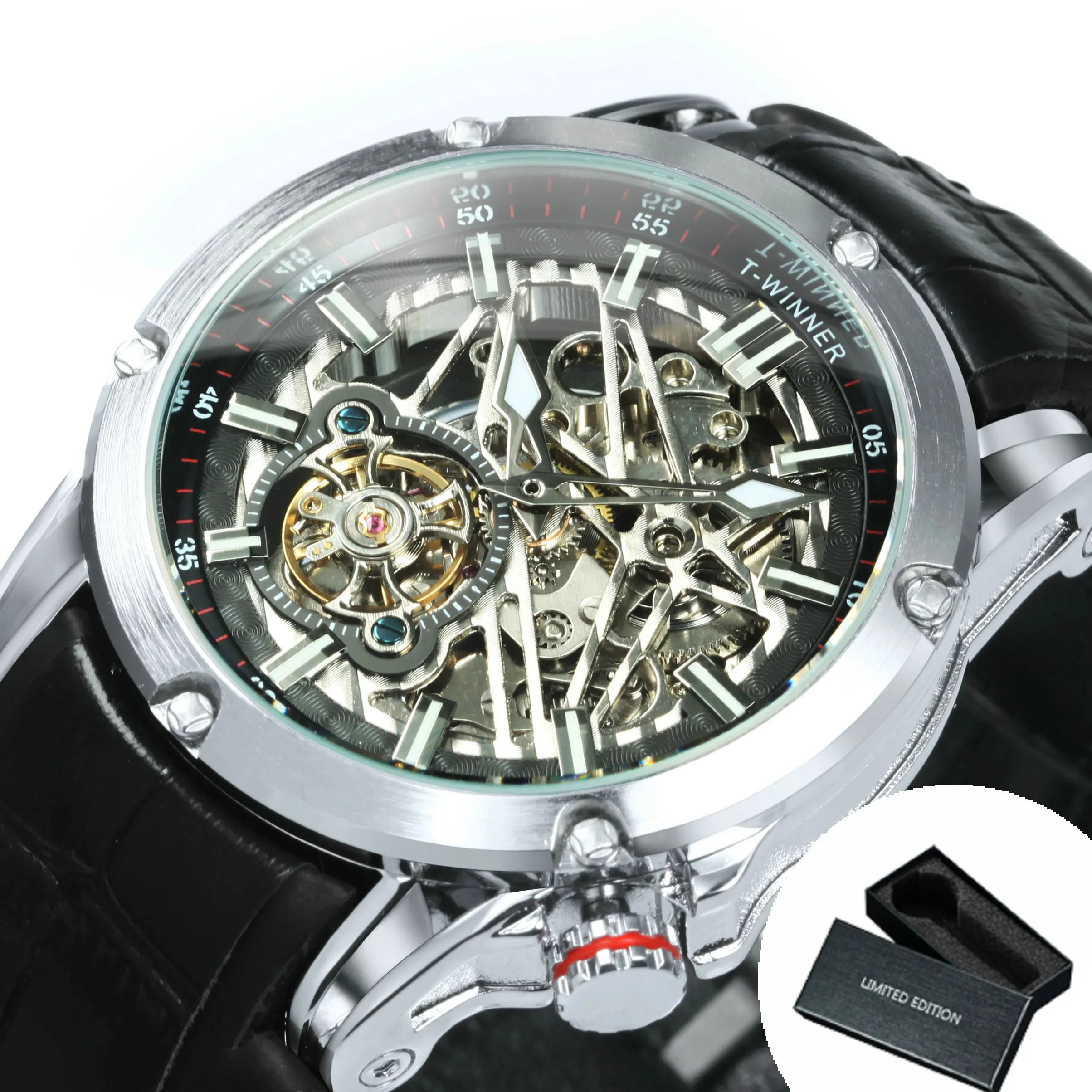 WINNER Sports Tourbillon Gold Skeleton Automatic Mechanical Watch TM 413G Military Watches for Men Rubber Leather Strap Luminous Hands