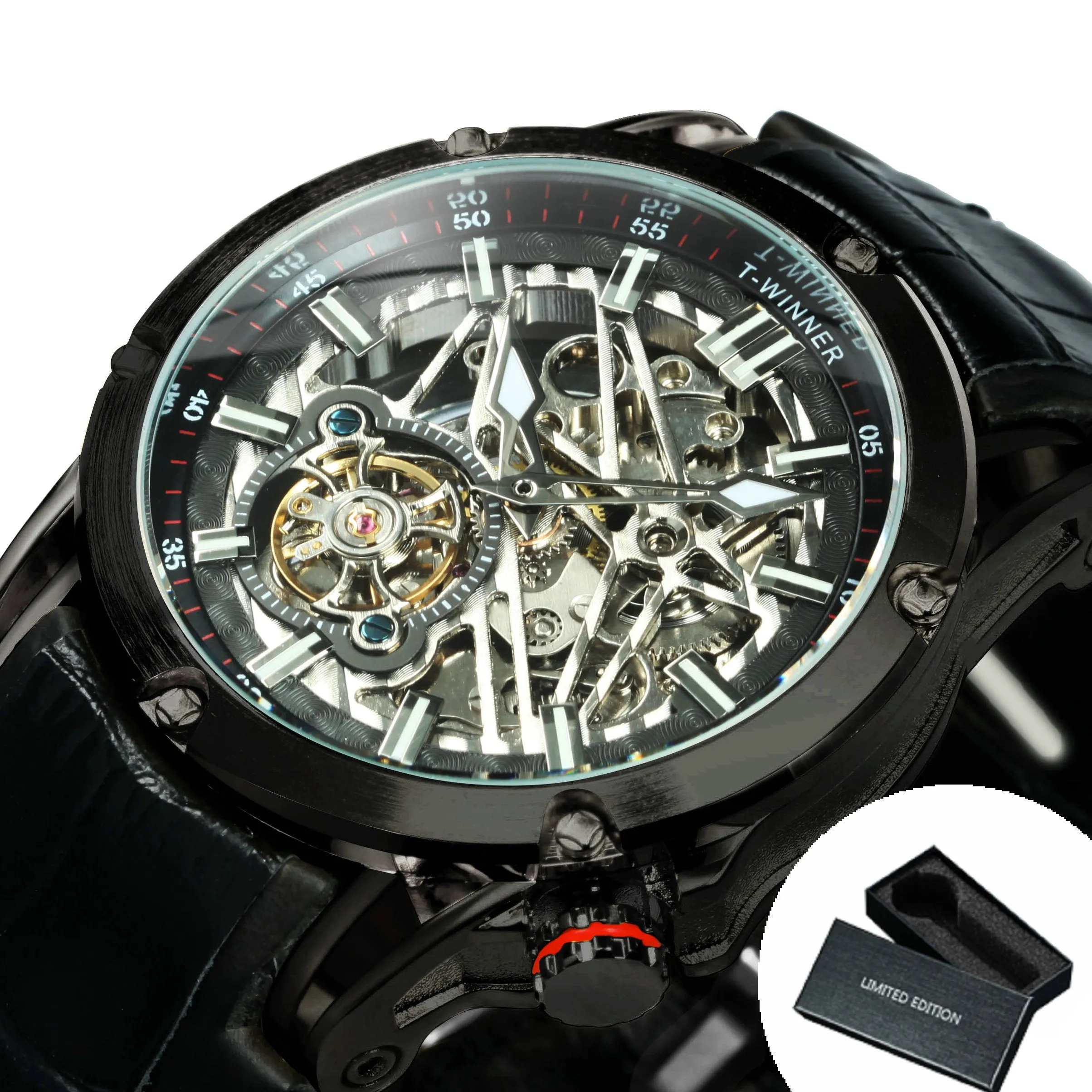 WINNER Sports Tourbillon Gold Skeleton Automatic Mechanical Watch TM 413G Military Watches for Men Rubber Leather Strap Luminous Hands