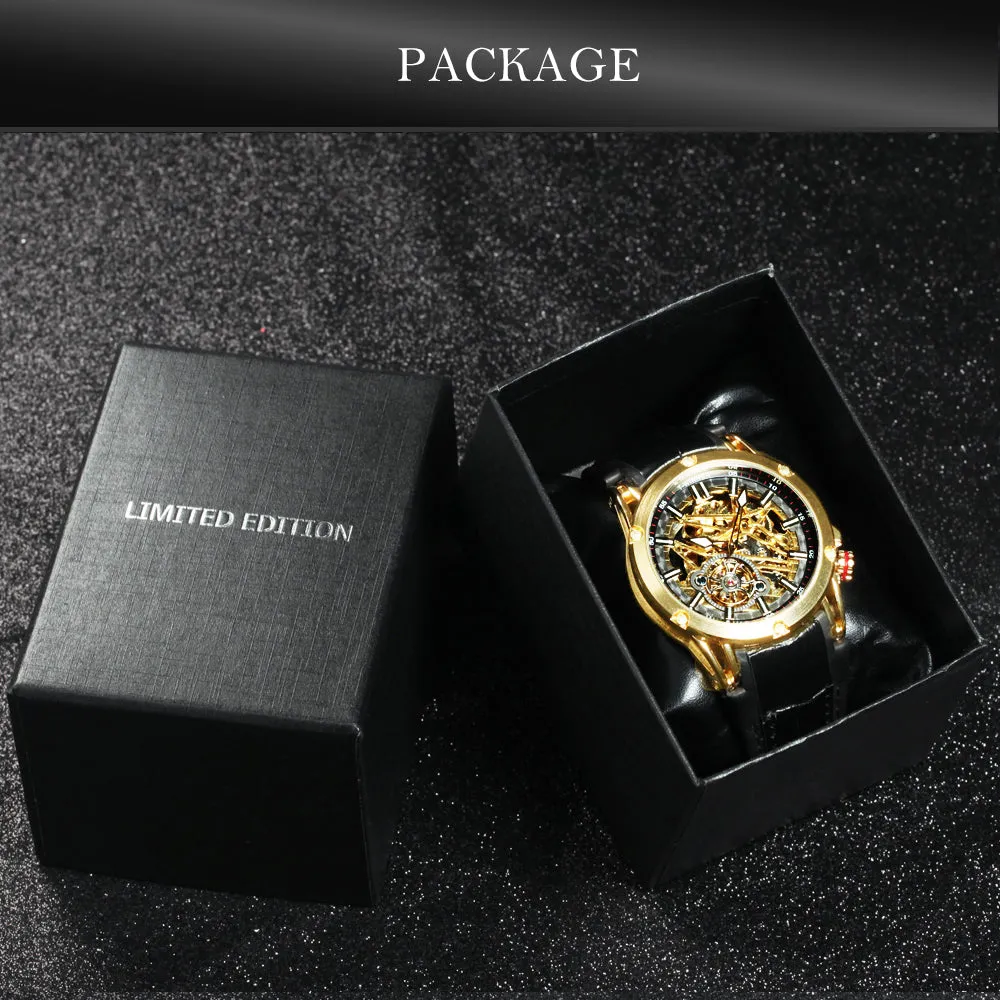 WINNER Sports Tourbillon Gold Skeleton Automatic Mechanical Watch TM 413G Military Watches for Men Rubber Leather Strap Luminous Hands