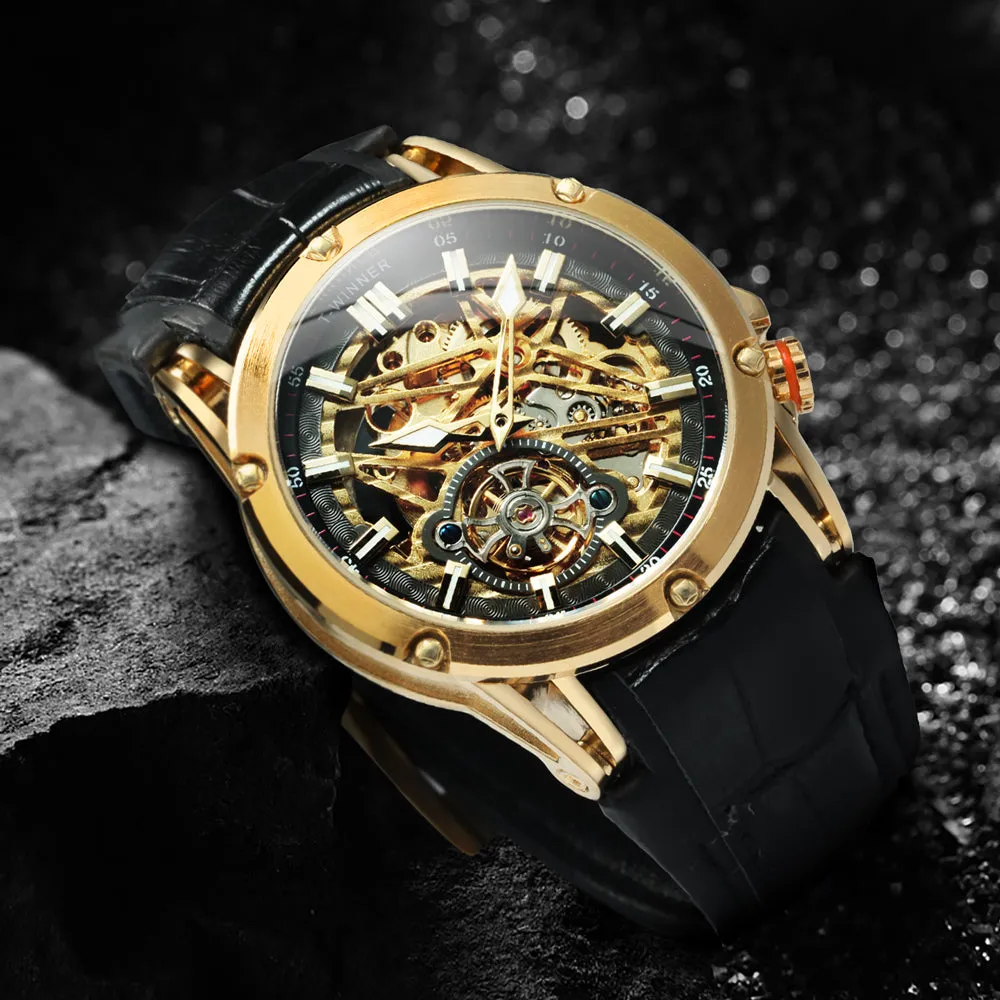 WINNER Sports Tourbillon Gold Skeleton Automatic Mechanical Watch TM 413G Military Watches for Men Rubber Leather Strap Luminous Hands
