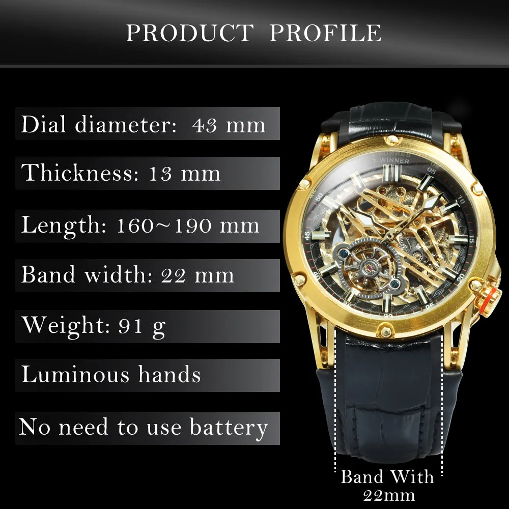 WINNER Sports Tourbillon Gold Skeleton Automatic Mechanical Watch TM 413G Military Watches for Men Rubber Leather Strap Luminous Hands