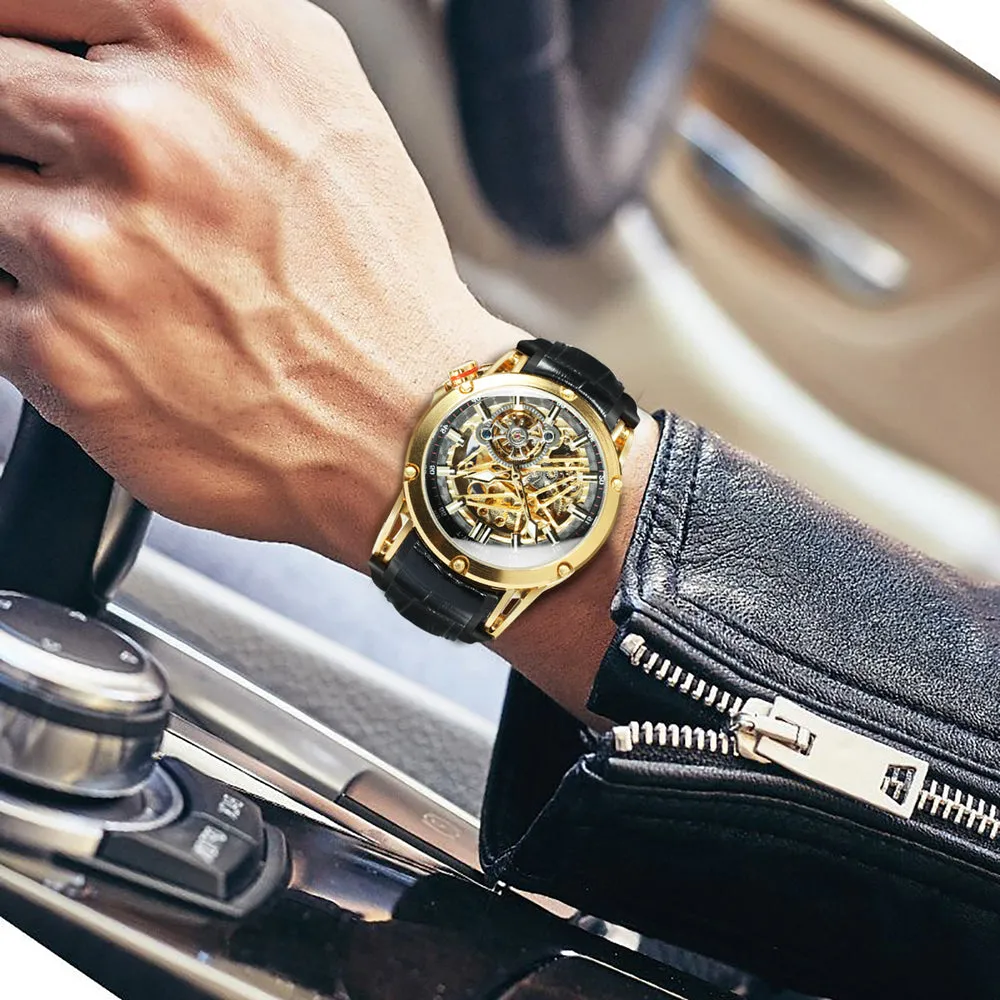 WINNER Sports Tourbillon Gold Skeleton Automatic Mechanical Watch TM 413G Military Watches for Men Rubber Leather Strap Luminous Hands
