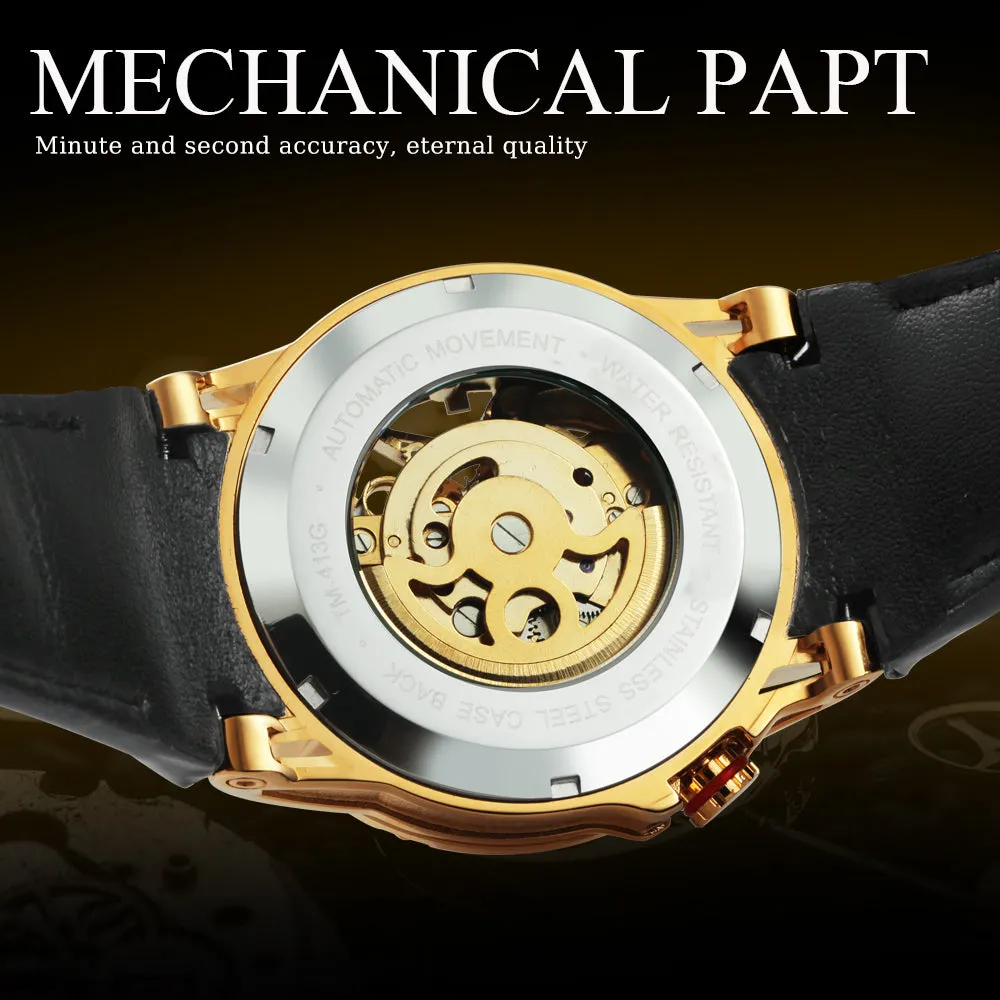WINNER Sports Tourbillon Gold Skeleton Automatic Mechanical Watch TM 413G Military Watches for Men Rubber Leather Strap Luminous Hands