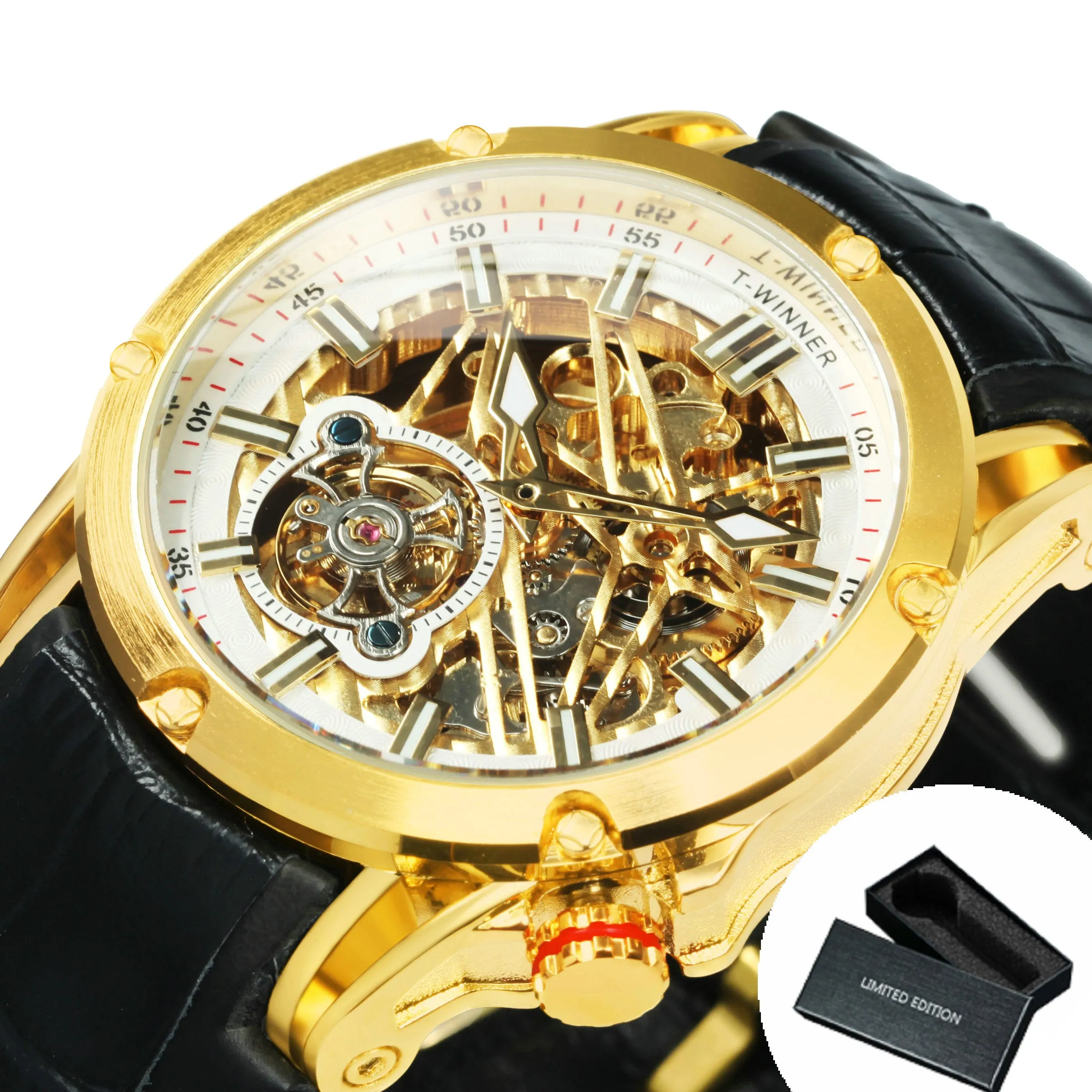 WINNER Sports Tourbillon Gold Skeleton Automatic Mechanical Watch TM 413G Military Watches for Men Rubber Leather Strap Luminous Hands