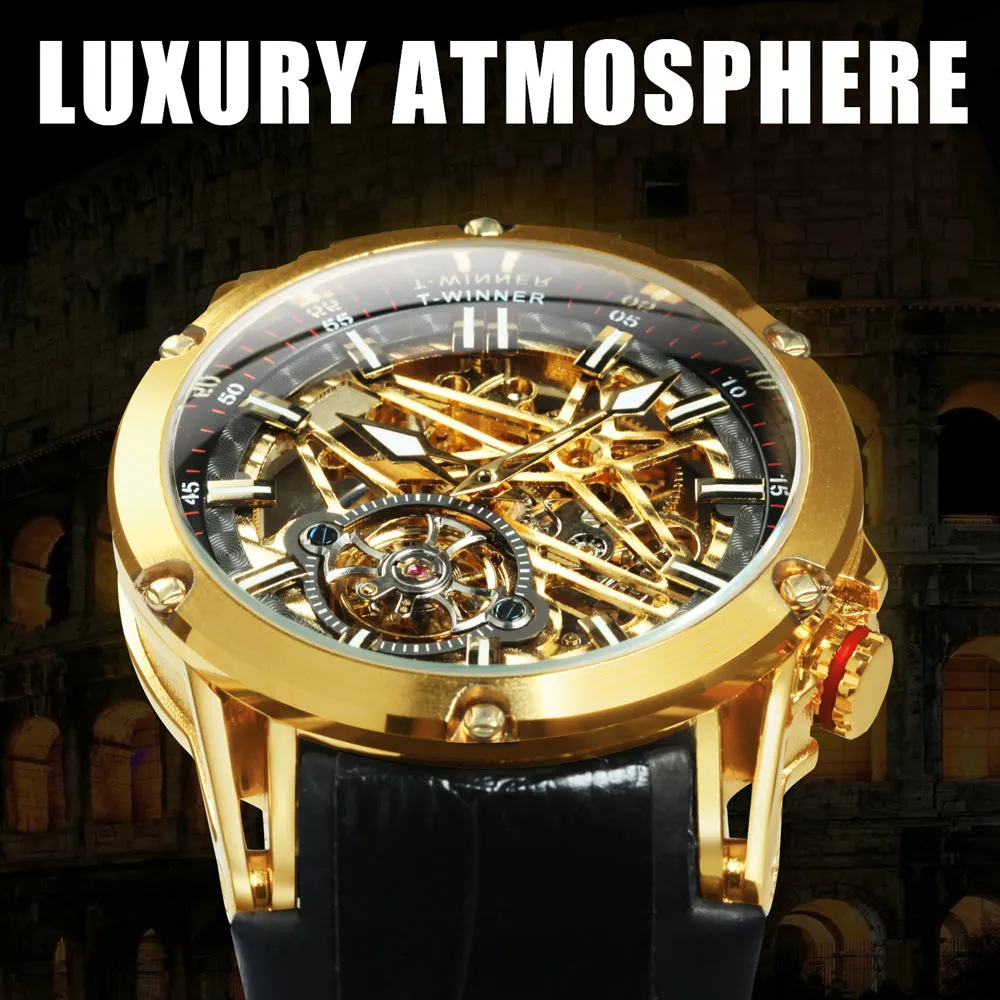 WINNER Sports Tourbillon Gold Skeleton Automatic Mechanical Watch TM 413G Military Watches for Men Rubber Leather Strap Luminous Hands