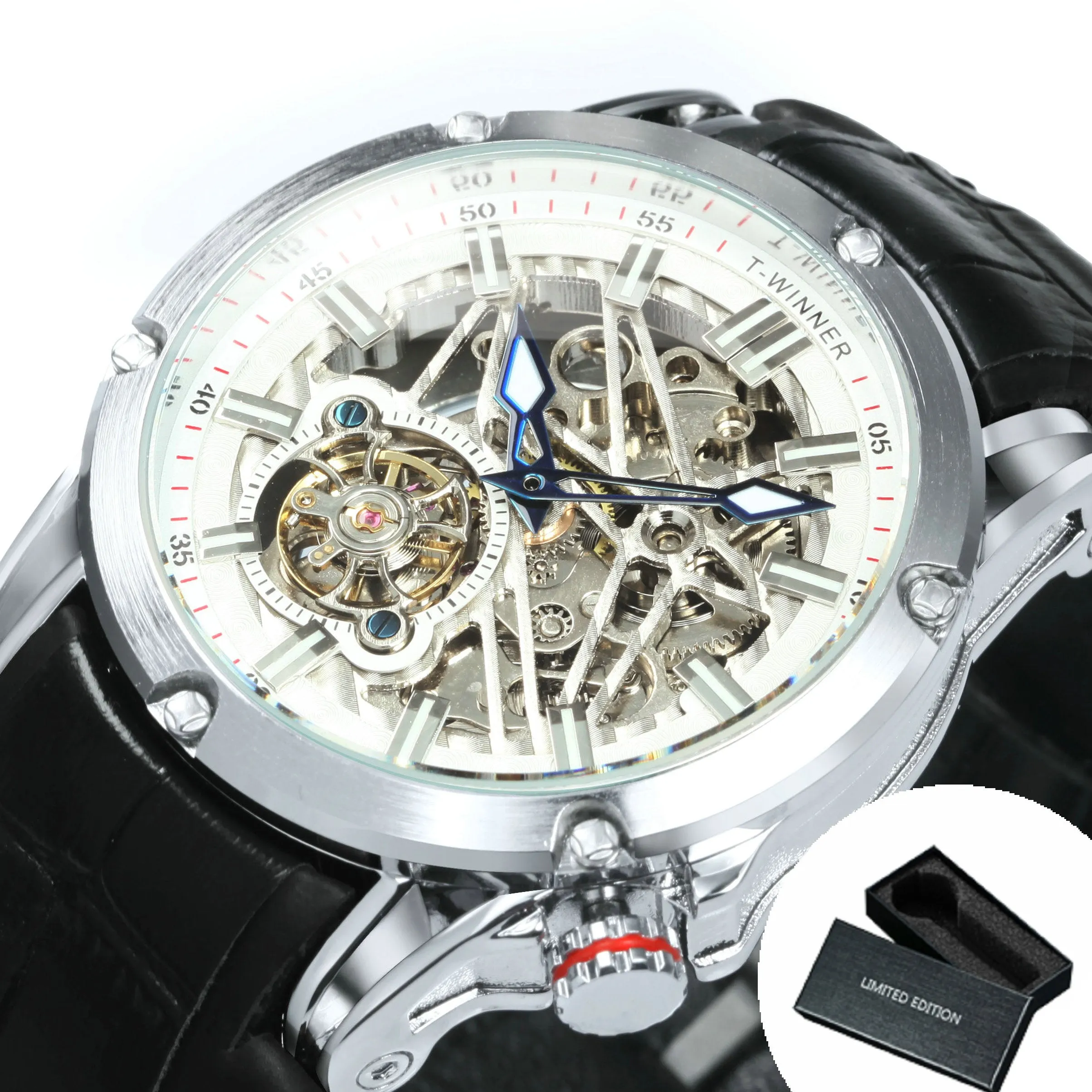 WINNER Sports Tourbillon Gold Skeleton Automatic Mechanical Watch TM 413G Military Watches for Men Rubber Leather Strap Luminous Hands