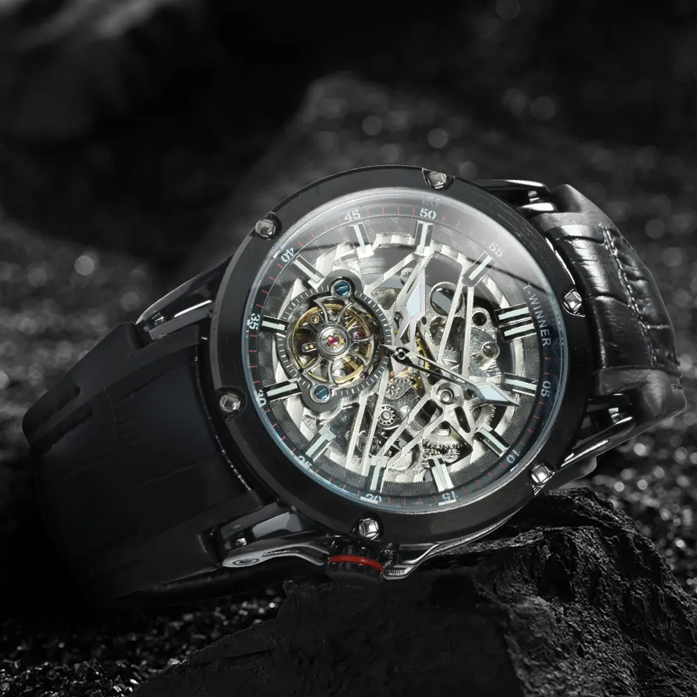WINNER Sports Tourbillon Gold Skeleton Automatic Mechanical Watch TM 413G Military Watches for Men Rubber Leather Strap Luminous Hands