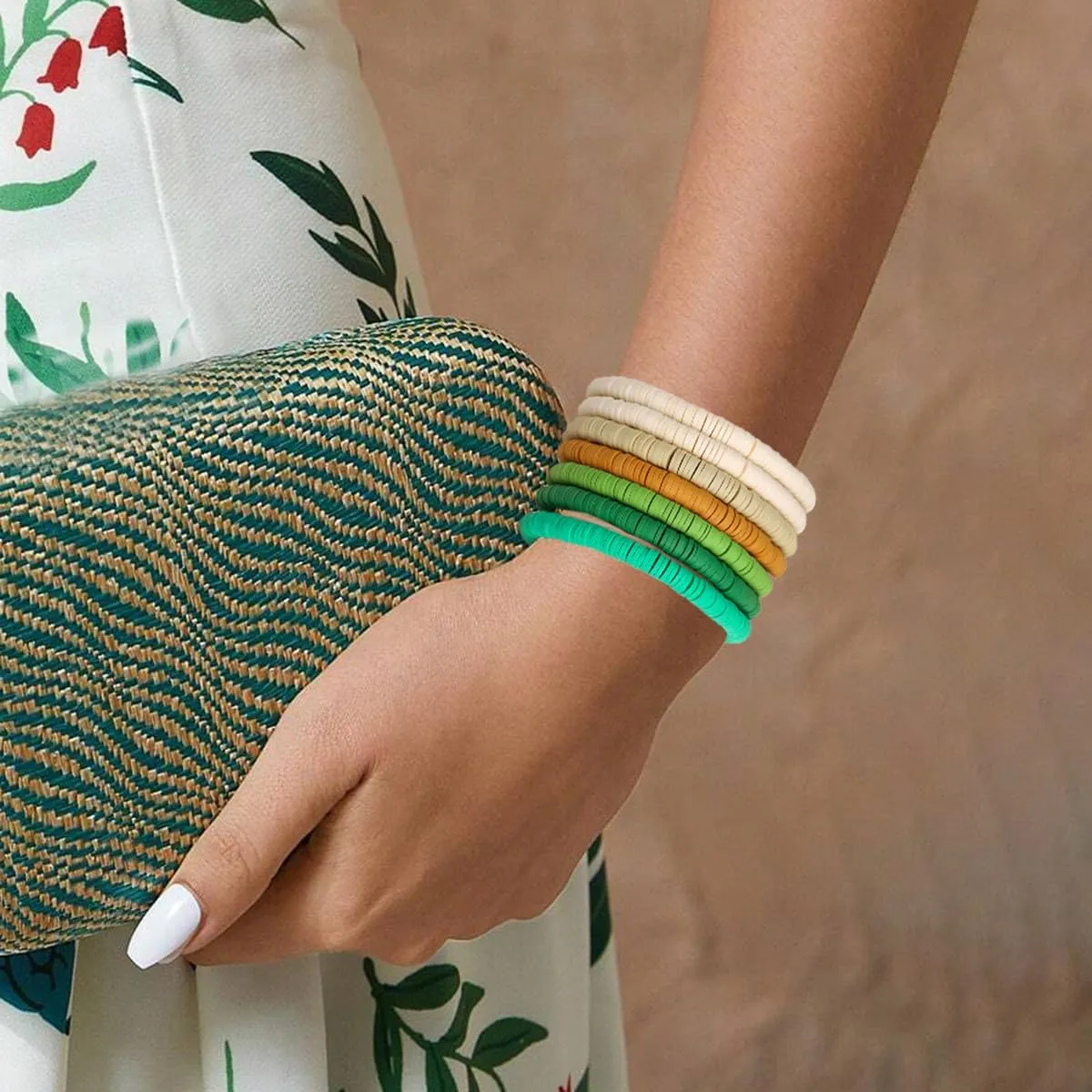 Women's Simple Solid Color Bohemian Multi layer Colorful Jewelry Elastic Adjustable Bracelet Set Party Gift