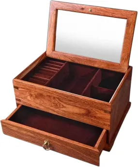 Wooden Jewelry Box with Mirror - Classical Wood Jewlery Box 2 Layer Jewelery Storage Box Case Holder with Drawer Jewellery Chest Organizer for Women Ring Necklace Earring Bracelet