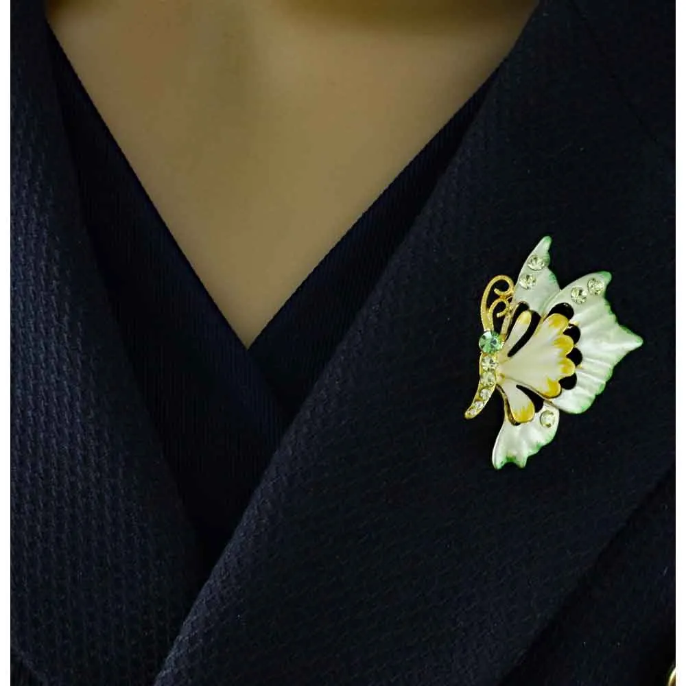 Yellow and Green Crystal Profile Butterfly Brooch Pin - PRI981V